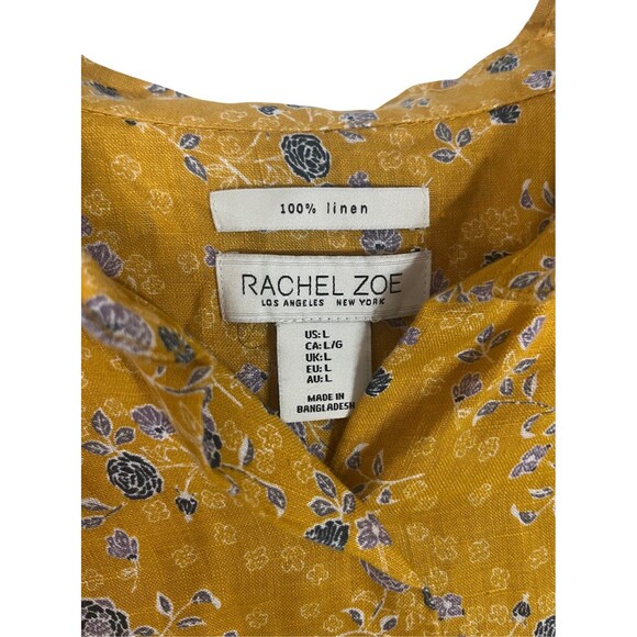 Rachel Zoe Women’s Boxy Button Up Shirt L 100% Linen Yellow Blue Cottagecore - Picture 7 of 7